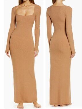 NWT Skims Soft Lounge Ribbed Knit Maxi Dress Square Neck Long Sleeve Camel